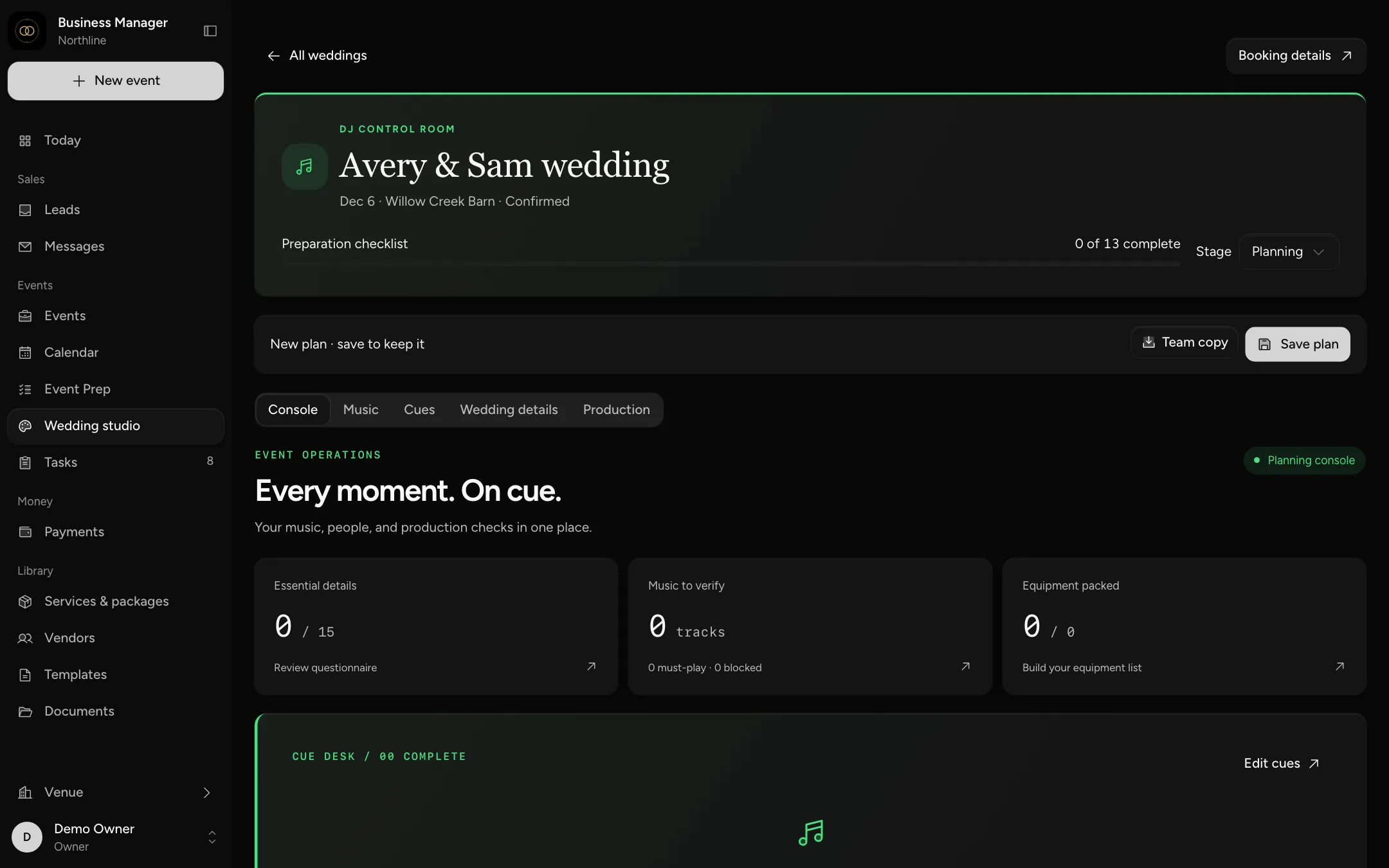 The DJ control room for a sample wedding, with tabs for the console, music, cues, wedding details and production.